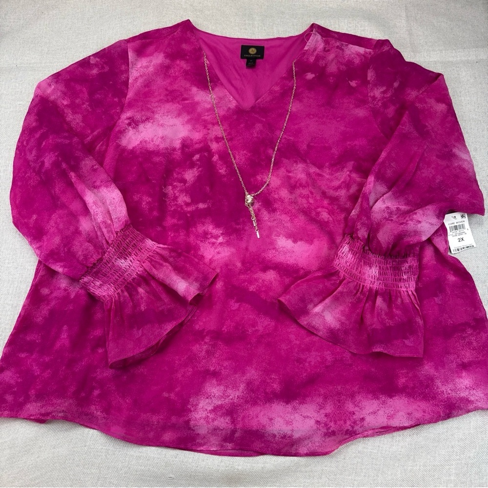 Jm Collection Plus Size New Year Dye Smocked-Sleeve Necklace Top Size 2X
